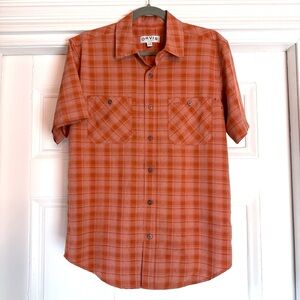 Orvis Men's Orange Plaid Performance Short Sleeve Button Down Tech Shirt Small